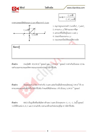 ฟิสิกส์ ไฟฟ้าสถิต www.clipvidva.com
8
2
1 2
F sin
tan
F F cos



การหาเวคเตอร์ลัพธ์ของแรง 2 แรง หรือมากกว่า 2 แรง
1. อนุภาคถูกแรงกระทา 3 แรงคือ 1F , 2F และ 3F
2. ลากแกน x, y ให้ผ่านแรงมากที่สุด
3. แตกแรงที่ไม่ได้อยู่ในแนว x และ y
4. รวมแรงในแนวแกน x, y
5. รวมเวคเตอร์โดยใช้ทฤษฎีพิธากอรัส
ตัวอย่าง ประจุไฟฟ้า 6
3.0 10 คูลอมบ์ และ 6
1.5 10 คูลอมบ์ วางห่างกันเป็นระยะ 12 ซม.
จงคานวณหาขนาดและทิศทางของแรงระหว่างประจุว่ามีค่ากี่นิวตัน
ตัวอย่าง ก้อนทองแดง 2 ก้อน วางห่างกัน 3 เมตร แต่ละก้อนมีอิเล็กตรอนอิสระอยู่ 14
5 10 ตัว จง
หาขนาดของแรงผลักที่เกิดขึ้นว่ามีค่ากี่นิวตัน กาหนดให้อิเล็กตรอน 1 ตัว มีประจุ 19
1.6 10 คูลอมบ์
ตัวอย่าง ABCD เป็นรูปสี่เหลี่ยมจัตุรัสยาวด้านละ 3 เมตร มีประจุขนาด +1, +1, -1, 2 2 คูลอมบ์
วางไว้ที่ตาแหน่ง A, B, C และ D ตามลาดับ จงหาแรงที่กระทาต่อประจุที่จุด B ว่ามีค่ากี่นิวตัน
3F
1F
1F sin
1F cos
2F
X
Y
ข้อควรรู้
 