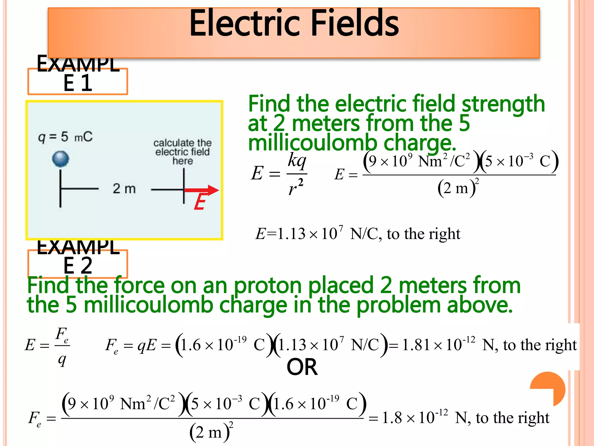 E 
kq
r2
EXAMPL
E 1
EXAMPL
E 2
E 
9 109
Nm2
/C2
 5 103
C 
2 m 2
Electric Fields
Find the force on an proton placed 2 meters from
the 5 millicoulomb charge in the problem above.
E 
Fe
q
Fe  qE  1.6 10-19
C 1.13107
N/C  1.8110-12
N, to the right
Fe 
9 109
Nm2
/C2
 5 103
C 1.6 10-19
C 
2 m 2  1.8 10-12
N, to the right
OR
Find the electric field strength
at 2 meters from the 5
millicoulomb charge.
E=1.13107
N/C, to the right
E
 