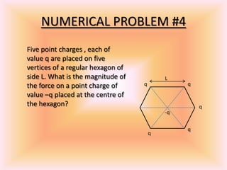 NUMERICAL PROBLEM #4
Five point charges , each of
value q are placed on five
vertices of a regular hexagon of
side L. What is the magnitude of
the force on a point charge of
value –q placed at the centre of
the hexagon?
L
q q
q
q
q
-q
 