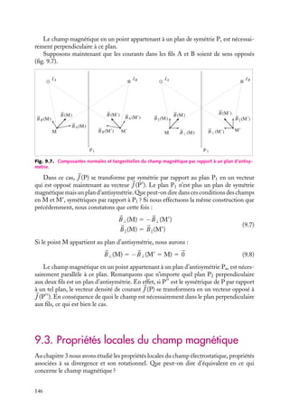 “doc” — 2002/9/17 — 15:42 — page 145 — #143
i
i
i
i
i
i
i
i
IA IB
P1
BB(M)
BA(M)
BB(M)
B⊥(M)
BA(M) B(M)
B(M)
IA IB
B(M)
B(M)
B⊥(M) B(M)
B(M)
M
M
M
M
P1
Fig. 9.6. Composantes normales et tangentielles du champ magnétique par rapport à un plan de symétrie.
La figure de gauche donne en M et M
le champ créé par les fils parcourus par les
courants Ia et Ib ; sur la partie droite, on a décomposé le champ en ses composantes
parallèle et perpendiculaire au plan de symétrie.
Dans ce cas, le plan médian P1, parallèle aux deux fils est un plan de symétrie des
distributions de courants. En effet, le point P appartenant au fil A est projeté par symétrie
par rapport au plan P1 sur le point P
se trouvant sur le fil B. Par cette même opération de
symétrie, le vecteur densité de courant 
J (P) au point P se transforme en un vecteur qui
est égal à 
J (P
) puisque par hypothèse les deux courants sont identiques. Que peut-on
dire dans ces conditions du champ magnétique que crée un tel système en un point M
quelconque ? Nous avons vu au paragraphe 9.1 que le champ magnétique créé par un fil
était nécessairement orthoradial ; le champ magnétique créé par les deux fils est donc, en
vertu du principe de superposition, nécessairement dans le plan perpendiculaire aux fils
passant par le point M. Ce champ peut s’écrire sous la forme :

B(M) 5 
B⊥(M) 1 
B(M)

B⊥(M) et 
B(M) étant les contributions au champ respectivement perpendiculaire et
parallèle au plan P1. Nous pouvons effectuer la même décomposition pour le champ
magnétique au point M
, symétrique de M par rapport à P1 :

B(M
) 5 
B⊥(M
) 1 
B(M
)
Comme nous pouvons le constater sur la figure 9.6 (nous ne ferons pas ici la démonstration
analytique de cette propriété), nous avons :

B⊥(M) 5 
B⊥(M
)

B(M) 5 −
B(M
)
(9.5)
Ce résultat se généralise à tout plan de symétrie de la distribution des courants. Si le
point M appartient au plan de symétrie P1, M est confondu avec son symétrique, les
relations 9.5 imposent alors :

B(M) 5 −
B(M
5 M) 5 
0 (9.6)
9. LE CHAMP MAGNÉTOSTATIQUE 145
 