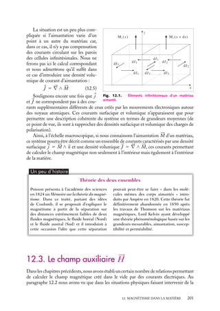 “doc” — 2002/9/17 — 15:42 — page 200 — #198
i
i
i
i
i
i
i
i
Ce champ magnétique 
B, qui, par définition, ne varie que sur de grandes distances,
doit être considéré comme le champ magnétique exact à l’extérieur du matériau et comme
la moyenne des champs locaux à l’intérieur du milieu magnétique. De ce point de vue, 
B
est à rapprocher de la notion précédente d’aimantation 





M.
2 Courant d’aimantation
Comme dans le cas des diélectriques, nous allons, pour calculer ce champ magnétique

B, établir les équations constitutives auxquelles il doit obéir. On aurait pu envisager
de calculer le champ local puis d’effectuer sa moyenne mais pour que celle-ci ait un
sens, elle devrait être faite sur des temps grands devant le temps caractéristique des
fluctuations temporelles de chaque dipôle et sur des dimensions grandes devant la distance
interatomique ou intermoléculaire.
Le champ magnétique 
Bloc, doit tout d’abord vérifier l’une des équations fondamen-
tales de la magnétostatique :





∇ · 
Bloc 5 0
Cette équation signifiant l’inexistence de charges magnétiques isolées, elle doit être
également vérifiée par le champ magnétique 
B, aucun effet de moyenne ne pouvant
permettre de mettre en évidence de telles charges. Nous obtenons donc la première
équation devant être vérifiée par 
B :





∇ · 
B 5 0 (12.2)
Par ailleurs, le champ magnétique local vérifie également l’équation :





∇ ∧ 
Bloc 5 m0

J loc

J loc représentant la densité volumique de courants locaux à l’échelle atomique. La
moyenne de l’équation nous conduit à la seconde équation fondamentale devant être
vérifiée par 
B :





∇ ∧ 
B 5 m0

J (12.3)
Dans cette expression, 
J représente la densité volumique de courant macroscopique,
moyenne de la densité à l’échelle microscopique.
Il convient de préciser la nature de cette densité volumique de courant 
J . Considérons
un milieu caractérisé par une aimantation 





M. Chaque élément infinitésimal de volume
du matériau peut alors être assimilé à un moment dipolaire magnétique 





M dt, équivalent
à un courant dI circulant à la surface de l’élément infinitésimal (fig. 12.1).
Si l’aimantation est homogène, on conçoit que ces courants de surface s’annulent
deux à deux sur les parois communes des cellules. Les seuls à ne pas se compenser sont
les courants externes circulant à la surface de l’élément infinitésimal. Ces courants de
surface externes peuvent être décrits par une densité surfacique de courant notée 
j qui
est homogène à l’aimantation. Sa direction est parallèle à la surface et son orientation est
prise en compte par la relation :

j 5 





M ∧ 
n (12.4)

n étant le vecteur unitaire normal à la surface.
200
 