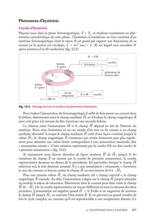 “doc” — 2002/9/17 — 15:42 — page 206 — #204
i
i
i
i
i
i
i
i
Lorsque 1
b
 1, il existe une solution autre que x 5 y 5 0 (droite 2). Ceci indique que
le système présente une aimantation spontanée. Le système est dans sa phase ferromagné-
tique. En revanche, si 1
b
 1, la seule solution possible correspond à l’origine (droite 3),
le système ne présente alors aucune aimantation. Le changement de comportement de
ce système apparaît pour la valeur critique bc 5 1 (droite 4) qui peut s’identifier à une
température critique Tc, dite « température de Curie », telle que :
kTc 5 m0m2
BNl
Remarquons que cette température de Curie, qui augmente avec la densité de moments
à aligner et avec l’interaction l, varie d’un matériau à l’autre. Elle vaut par exemple 770 ˚C
pour le fer alors qu’elle n’est que de 358 ˚C pour le nickel. Pour T  Tc, 1
b
 1, il existe
une aimantation spontanée (domaine ferromagnétique) tandis que pour T  Tc cette
aimantation est nulle en absence de champ appliqué (domaine paramagnétique).
Enfin, si on se place à une température supérieure mais voisine de Tc, pour un
champ 




H non nul, on peut résoudre le système d’équations en approximant la tangente
hyperbolique par sa pente à l’origine. Nous avons alors :
y 5 x
x 5 a 1
Tc
T
x
et donc :
x

1 −
T
Tc

5
m0mBH
kT
Nous obtenons ainsi l’expression de l’aimantation lorsque le système est dans sa phase
paramagnétique à une température très proche de Tc :
M 5
Nm2
B
k(T − Tc)
m0H 5 m0xmH
Cette relation constitue la « loi de Curie-Weiss ». Elle exprime le fait que la suscepti-
bilité paramagnétique Xm devient infinie lorsqu’on s’approche par valeurs supérieures de
la température de Curie. Elle est parfaitement vérifiée pour l’ensemble des corps ferro-
magnétiques. Soulignons que la mesure de Tc permet d’accéder expérimentalement au
paramètre inconnu l :
l 5
kTc
m0m2
BN
Précisons maintenant quelques ordres de grandeur et prenons l’exemple du nickel. Dans
ce matériau, la température critique Tc 5 631 K et la densité de moments par unité de
volume est égale à N 5 9 · 1028
m−3
. On peut en déduire une valeur de l :
l ≈ 900
On vérifie bien, a posteriori, que l’hypothèse d’un champ magnétique local très supérieur
à m0





H était justifiée.
206
 