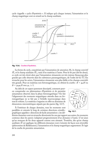 “doc” — 2002/9/17 — 15:42 — page 207 — #205
i
i
i
i
i
i
i
i
Phénomène d’hystérésis
Courbe d’hystérésis
Plaçons-nous dans la phase ferromagnétique, T  Tc, et étudions maintenant un phé-
nomène caractéristique de cette phase : l’hystérésis. Considérons un tore constitué d’un
matériau ferromagnétique dont le rayon R est grand par rapport aux dimensions de sa
section (si la section est circulaire, S 5 pr2
avec r  R) sur lequel sont enroulées N
spires jointives d’un fil conducteur (fig. 12.5).
R
2r
résistance
oscillo
oscillo
générateur de
tension alter.
bobine
N spires
bobine
N spires
circuit
intégrateur
e = −dΦ/dt
B ∝ Φ
H ≈ V/R
Fig. 12.5. Montage de mise en évidence du phénomène d’hystérésis.
Pour évaluer l’aimantation du ferromagnétique il suffit de faire passer un courant dans
la bobine, déterminant ainsi le champ auxiliaire 




H , et d’évaluer le champ magnétique 
B
ainsi créé grâce à la mesure du flux traversant une seconde bobine.
La relation entre l’aimantation 





M et le champ 




H dépend en fait de l’histoire du
matériau. Nous nous limiterons ici au cas simple d’un tore en fer soumis à un champ
auxiliaire alternatif. Lorsque le champ auxiliaire 




H croît d’une façon continue jusqu’à la
valeur 




H 1, le champ magnétique 
B commence par croître lentement puis plus rapide-
ment pour atteindre une valeur limite correspondant à une aimantation maximale, dite
« aimantation saturée ». Cette variation représentée par la courbe OA est dite courbe de
« première aimantation » (fig. 12.6).
Si maintenant nous faisons décroître de façon continue 




H de 




H 1 jusqu’à 0, les
variations du champ 
B ne suivent pas la courbe de première aimantation, la courbe
représentative demeure au-dessus de la précédente. En particulier lorsque le champ 




H
redevient nul, le tore demeure aimanté. Il y a une aimantation « rémanente ». Inversons
le sens du courant, et faisons croître le champ 




H en sens inverse de 0 à −




H 1.
Pour une certaine valeur 




H c du champ auxiliaire, dit « champ coercitif », le champ
magnétique 
B s’annule. Au delà, l’aimantation s’aligne sur le champ 




H jusqu’à atteindre
en module la valeur de saturation. Diminuons alors le courant pour faire varier le champ





H de −




H 1 à 0 : la courbe représentative est encore différente et reste en dessous des deux
premières. L’aimantation est négative quand 




H 5 0. Enfin si on augmente de nouveau
le champ 




H jusqu’à 




H 1 on retrouve l’état initial 
B. Si on parcourt un grand nombre de
fois le cycle complet, on constate qu’il est reproductible à une température donnée. Ce
12. MAGNÉTISME DANS LA MATIÈRE 207
 