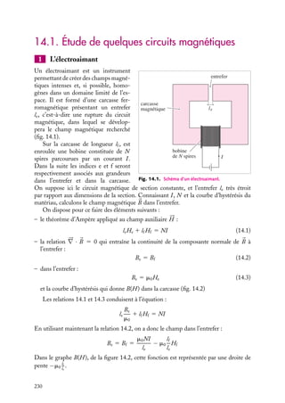 “doc” — 2002/9/17 — 15:42 — page 229 — #227
i
i
i
i
i
i
i
i
C h a p i t r e 14
Applications du magnétisme
Dans ce chapitre, nous allons présenter quelques systèmes exploitant les propriétés
de matériaux magnétiques.
14.1 Étude de quelques circuits magnétiques
1 L’électroaimant
2 Notion de réluctance - Loi d’Hopkinson
3 Circuits magnétiques en courant alternatif
14.2 Les transformateurs
1 Transformateur idéal
2 Transformateur réel
14.3 Les moteurs électriques
1 Un moteur élémentaire
2 Moteurs à champ tournant
Mots-clés
• Électroaimant • Transformateur • Moteur électrique
14. APPLICATIONS DU MAGNÉTISME 229
 