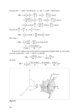 “doc” — 2002/9/17 — 15:42 — page 255 — #253
i
i
i
i
i
i
i
i
À travers les surfaces élémentaires dS3 et dS
3, seules les composantes dirigées selon

uz ont un flux non nul. Comme dS3 5 dS
3 5 r du dr, on a :
dFz 5 2
≠Az
≠z
dz
2
r du dr 5
≠Az
≠z
dt
Au total :
dF 5

1
r
≠(rAr)
≠r
1
1
r
≠Au
≠u
1
≠Az
≠z

dt
5 Expression de la divergence en coordonnées sphériques
Soit un vecteur 

A ayant comme origine le centre du volume élémentaire MNPQM
N 
P
Q
.
À travers les surfaces dS1 et dS
1 (fig. A.12) seules les composantes dirigées selon 
ur ont
un flux non nul :
dFr 5

Ar 1
≠Ar
≠r
dr
2

dS
1 −

Ar −
≠Ar
≠r
dr
2

dS1
Comme dS1 5 (r − dr/2)2
sin u du dw et dS
1 5 (r 1 dr/2)2
du sin u dw
dFr 5 Ar

r 1
dr
2
2
−

r −
dr
2
2

sin u du dw
1
≠Ar
≠r
dr
2

r 1
dr
2
2
1

r −
dr
2
2

sin u du dw
dFr  2Arr sin u dr du dw 1
≠Ar
≠r
r2
sin u dr du dw en négligeant les termes d’ordre
supérieur.
On a donc :
dFr 5

2
Ar
r
1
≠Ar
≠r

r2
sin u du dr dw
À travers les surfaces dS2 et dS
2 seules les composantes dirigées selon 
uu ont un flux
non nul. On a donc :
dFu 5

Au 1
≠Au
≠u
du
2

dS
2 −

Au −
≠Au
≠u
du
2

dS2
A. ÉLÉMENTS D’ANALYSE VECTORIELLE 255
 