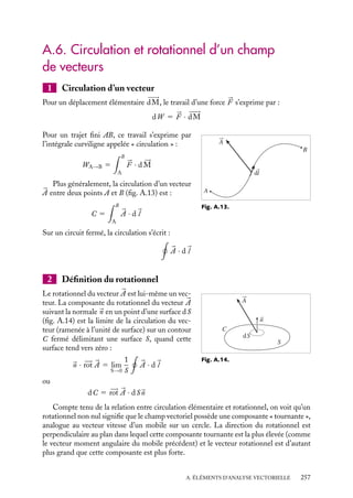 “doc” — 2002/9/17 — 15:42 — page 256 — #254
i
i
i
i
i
i
i
i
Comme dS
2 5 r sin(u 1 du/2) dw dr et dS2 5 r sin(u − du/2) dw dr
dFu 5 Au

sin

u 1
du
2

− sin

u −
du
2

r dw dr
1
≠Au
≠u
du
2

sin

u 1
du
2

1 sin

u −
du
2

r dw dr
5 2

Au cos u sin
du
2
1
≠Au
≠u
du
2
sin u cos
du
2

r dw dr
Comme sin
du
2
≈
du
2
et cos
u
2
≈ 1, on a :
dFu 5

Au cos u du 1
≠Au
≠u
du sin u

r dw dr
On a donc :
dFu 5

Au
cos u
sin u
1
≠Au
≠u

r sin u dw dr du
5
1
r2 sin u

≠(r sin uAu)
≠u

dt
À travers les surfaces dS3 et dS
3 seules les composantes dirigées selon 
uw ont un flux
non nul ; comme dS3 5 dS
3 5 r du dr, on obtient :
dFw 5 2
≠Aw
≠w
dw
2
r du dr 5
1
r sin u
≠Aw
≠w
dt
Au total :
dF 5
1
r2 sin u

≠(r2
sin uAr)
≠r
1
≠(r sin uAu)
≠u
1
≠(rAw)
≠w

dt
z
x
uθ
uϕ
ur
N
Q
ϕ
θ
dθ
dϕ
M
dS2
dS3
dr
A(r,θ, ϕ )
dS1
P
dS1
M
N
P

Q
Fig. A.12.
256
 