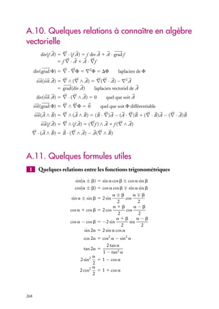 “doc” — 2002/9/17 — 15:42 — page 267 — #265
i
i
i
i
i
i
i
i
A
B
C2
C1
C
c
a) b)
Fig. A.20.
Calculons la circulation de 

A sur chacun de ces contours c et sommons l’ensemble
des contributions. En généralisant le raisonnement effectué pour une division en deux
boucles, il est facile de se convaincre que la plupart des contributions se compensent deux
à deux. La circulation sur C est donc égale à la somme de ces circulations infinitésimales.
La circulation sur C étant indépendante de la façon dont on effectue le découpage
et du système de coordonnées retenu, nous utilisons ici par commodité les coordonnées
cartésiennes (x, y, z) dans le repère orthonormé (
ux,
uy,
uz).
Nous avons déjà calculé la circulation du champ 

A sur un rectangle infinitésimal et nous
avons trouvé que la circulation associée au contour c entourant un élément infinitésimal
de surface peut s’écrire :

c


A · d
l 5

≠Ay
≠x
−
≠Ax
≠y

dx dy 5

≠Ay
≠x
−
≠Ax
≠y

dS
Le terme entre parenthèses correspond à la composante suivant l’axe z d’un vecteur





∇ ∧ 

A(
r ) défini comme le rotationnel de 

A. Aussi pouvons-nous exprimer la circulation
associée au contour infinitésimal c sous la forme :

c


A · d
l 5
 