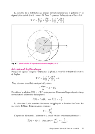 “doc” — 2002/9/17 — 15:42 — page 54 — #52
i
i
i
i
i
i
i
i
soit la manière dont on l’a trouvée, est la bonne si elle satisfait aux conditions aux limites
et à l’équation locale du potentiel.
La démonstration générale de ce double théorème (théorème d’existence et d’unicité)
est longue, difficile et n’apporte rien de plus sur le plan de la physique. Toutefois, pour nous
convaincre simplement de la validité de ce théorème, nous présentons ici la démonstration
de l’unicité de la solution dans le cas de l’équation de Laplace lorsque les conditions aux
limites correspondent aux valeurs des potentiels imposées sur un ensemble de surfaces.
Considérons donc un ensemble de surfaces identifiées par l’indice i (i 5 1, 2, 3, ...).
Sur chacune d’elles, un potentiel noté Vi est imposé. Le potentiel électrostatique V (
r )
doit vérifier, en tout point 
r , l’équation de Laplace DV 5 0 et satisfaire à l’ensemble
des conditions aux limites : V 5 Vi sur la ième
surface. Supposons qu’il existe deux
solutions distinctes V1(
r ) et V2(
r ) remplissant ces conditions. Recherchons la solution
correspondant à la condition Vi 5 0 sur toutes les surfaces. D’après le principe de
superposition, cette solution vaudra Vs(
r ) 5 V1(
r ) − V2(
r ) dans tout l’espace. Comme
Vs vaut 0 sur toutes les surfaces et à l’infini, il existe nécessairement un point E de l’espace
n’appartenant pas aux surfaces Si pour lequel le potentiel Vs est un extremum, maximum ou
minimum que nous appellerons Vext. Par ailleurs, les solutions de l’équation de Laplace
présentent une propriété remarquable connue sous le nom de « théorème de la valeur
moyenne » qui nous dit que la valeur moyenne du potentiel sur une sphère quelconque est
égale à sa valeur au centre de cette sphère (la démonstration de ce théorème est donnée
en fin de chapitre). Si nous appliquons ce théorème à une sphère centrée sur E, la valeur
moyenne du potentiel sur la sphère devrait être égale à Vext, mais par construction de
la sphère et définition de l’extremum, elle est nécessairement inférieure ou supérieure à
Vext. Cette incompatibilité montre que Vs(
r ) ne peut être que constant. Par continuité
avec le potentiel nul à l’infini, Vs(
r ) est donc nul. Nous pouvons ainsi conclure qu’en
tout point de l’espace V1(
r ) 5 V2(
r ) et que la solution de l’équation de Laplace est
unique.
4.2. Exemple d’utilisation de l’équation locale
1 Calcul du potentiel et du champ créés par une sphère
chargée uniformément en volume
Soit une sphère isolante, de rayon a, chargée uniformément en volume par une densité
volumique de charges r (fig. 4.1). Le potentiel créé par cette distribution de charges doit
vérifier l’équation de Laplace à l’extérieur de la sphère et celle de Poisson à l’intérieur, la
continuité du potentiel devant être établie à la surface de la sphère.
La symétrie de la distribution de charge suggère que nous utilisions les coordon-
nées sphériques (r, u, w). Dans ce système de coordonnées, le laplacien a pour expres-
sion (voir annexe) :
∇2
V 5
2
r
≠V
≠r
1
≠2
V
≠r2
1
cotan u
r2
≠V
≠u
1
1
r2
≠2
V
≠u2
1
1
r2 sin2 u
≠2
V
≠w2
54
 