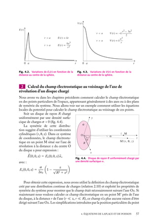 “doc” — 2002/9/17 — 15:42 — page 56 — #54
i
i
i
i
i
i
i
i
Q étant la charge totale portée par la sphère. Le potentiel V (r) à l’extérieur de la sphère
est obtenu par intégration :
V (r) 5
ra3
3´0r
5
Q
4p´0r
pour r  a
Dans cette expression, le potentiel à l’infini est choisi comme origine des potentiels,
procédure légitime rappelons-le car il n’y a pas de charges à l’infini.
À l’intérieur de la sphère chargée
À l’intérieur de la sphère isolante, la densité volumique de charges est par hypothèse une
constante non nulle. Le potentiel doit donc vérifier l’équation de Poisson :
∇2
V 5
1
r2
≠
≠r

r2 ≠V (r)
≠r

5 −
r
´0
≠
≠r

r2 ≠V (r)
≠r

5 −
rr2
´0
En intégrant une première fois nous obtenons :
r2 ≠V (r)
≠r
5 −
rr3
3´0
1 K
La composante radiale du champ électrostatique correspondant a pour expression :
Er(
r ) 5 −
≠V (r)
≠r
5
rr
3´0
−
K
r2
Ce champ ne peut pas diverger au centre de la sphère (il doit être nul par symétrie),
aussi avons-nous nécessairement K 5 0. Le champ électrostatique à l’intérieur de la
sphère s’écrit donc :


E(
r ) 5 Er(r)
ur avec Er(r) 5
rr
3´0
En intégrant cette expression, nous obtenons le potentiel électrostatique à l’intérieur
de la sphère :
V (r) 5 −
rr2
6´0
1 C pour r  a
La continuité du potentiel à la surface de la sphère permet de déterminer la valeur de
la constante C :
V (r 5 a) 5
ra3
3´0a
5 −
ra2
6´0
1 C
ce qui conduit à : C 5
ra2
2´0
Nous obtenons ainsi l’expression finale du potentiel à l’intérieur de la sphère :
V (r) 5
r(3a2
− r2
)
6´0
pour r  a
Les variations de Er(r) et V (r) sont présentées respectivement sur les figures 4.2 et 4.3.
56
 