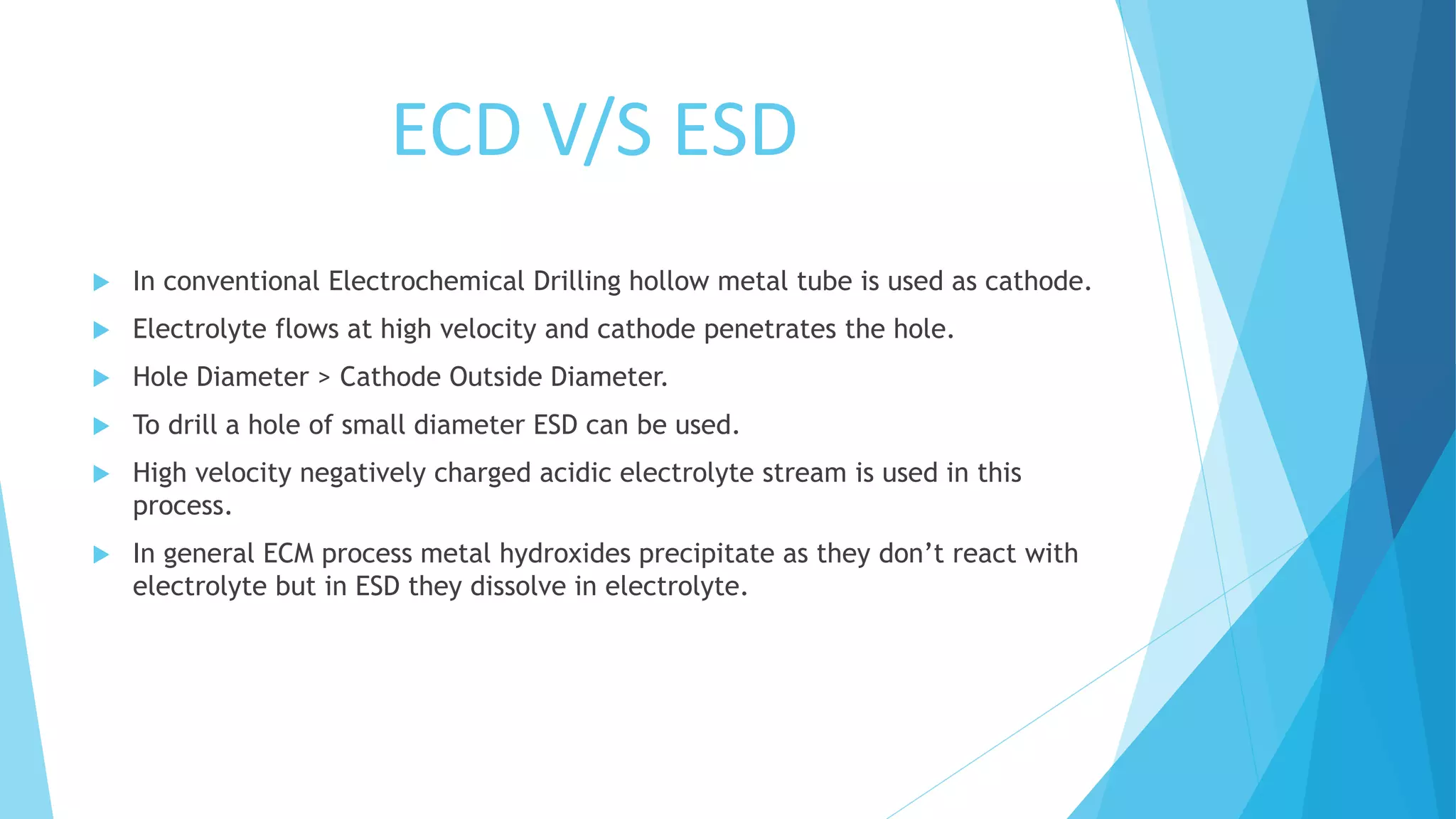 ECD V/S ESD
 In conventional Electrochemical Drilling hollow metal tube is used as cathode.
 Electrolyte flows at high velocity and cathode penetrates the hole.
 Hole Diameter > Cathode Outside Diameter.
 To drill a hole of small diameter ESD can be used.
 High velocity negatively charged acidic electrolyte stream is used in this
process.
 In general ECM process metal hydroxides precipitate as they don’t react with
electrolyte but in ESD they dissolve in electrolyte.
 