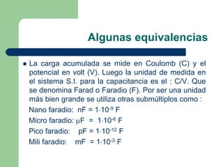 Algunas equivalencias


La carga acumulada se mide en Coulomb (C) y el
potencial en volt (V). Luego la unidad de medida en
el sistema S.I. para la capacitancia es el : C/V. Que
se denomina Farad o Faradio (F). Por ser una unidad
más bien grande se utiliza otras submúltiplos como :
Nano faradio: nF = 1 10-9 F
Micro faradio: F = 1 10-6 F
Pico faradio: pF = 1 10-12 F
Mili faradio: mF = 1 10-3 F

 