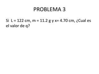 PROBLEMA 3
Si L = 122 cm, m = 11.2 g y x= 4.70 cm, ¿Cual es
el valor de q?

 