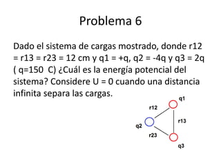 Problema 6
Dado el sistema de cargas mostrado, donde r12
= r13 = r23 = 12 cm y q1 = +q, q2 = -4q y q3 = 2q
( q=150 C) ¿Cuá...