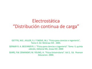 Electrostática
“Distribución continua de carga”
GETTYS, W.E.; KILLER, F.J. Y SKOVE, M.J. "Física para ciencias e ingeniería",
Tomo II. Ed. McGraw-Hill. 2005.
SERWAY R. A. BEICHNER R. J. “Física para ciencias e ingeniería”. Tomo II, quinta
edición, Editorial Mc. Graw Hill. 2000
SEARS, F.W. ZEMANSKY, M. YOUNG, H. “Física Universitaria”. Vol 2, Ed. Pearson
Educacion. 2004.
 