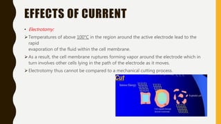 EFFECTS OF CURRENT
• Electrotomy:
Temperatures of above 100°C in the region around the active electrode lead to the
rapid
evaporation of the fluid within the cell membrane.
As a result, the cell membrane ruptures forming vapor around the electrode which in
turn involves other cells lying in the path of the electrode as it moves.
Electrotomy thus cannot be compared to a mechanical cutting process.
 