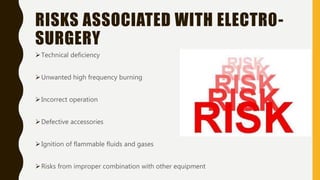 RISKS ASSOCIATED WITH ELECTR0-
SURGERY
Technical deficiency
Unwanted high frequency burning
Incorrect operation
Defective accessories
Ignition of flammable fluids and gases
Risks from improper combination with other equipment
 