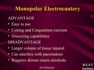 Dr.M.Ramesh
Monopolar Electrocautery
ADVANTAGE
• Easy to use
• Cutting and Coagulation currents
• Dissecting capabilities
...