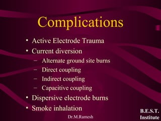 Dr.M.Ramesh
Complications
• Active Electrode Trauma
• Current diversion
– Alternate ground site burns
– Direct coupling
– ...