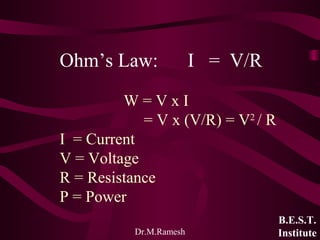 Dr.M.Ramesh
Ohm’s Law: I = V/R
W = V x I
= V x (V/R) = V2
/ R
I = Current
V = Voltage
R = Resistance
P = Power
B.E.S.T.
In...