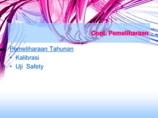 Cont. Pemeliharaan
Pemeliharaan Tahunan
• Kalibrasi
• Uji Safety
 