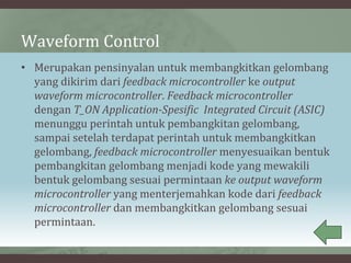Waveform Control
• Merupakan pensinyalan untuk membangkitkan gelombang
yang dikirim dari feedback microcontroller ke output
waveform microcontroller. Feedback microcontroller
dengan T_ON Application-Spesific Integrated Circuit (ASIC)
menunggu perintah untuk pembangkitan gelombang,
sampai setelah terdapat perintah untuk membangkitkan
gelombang, feedback microcontroller menyesuaikan bentuk
pembangkitan gelombang menjadi kode yang mewakili
bentuk gelombang sesuai permintaan ke output waveform
microcontroller yang menterjemahkan kode dari feedback
microcontroller dan membangkitkan gelombang sesuai
permintaan.
 
