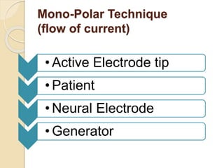 Mono-Polar Technique 
(flow of current) 
• Active Electrode tip 
• Patient 
• Neural Electrode 
• Generator 
 