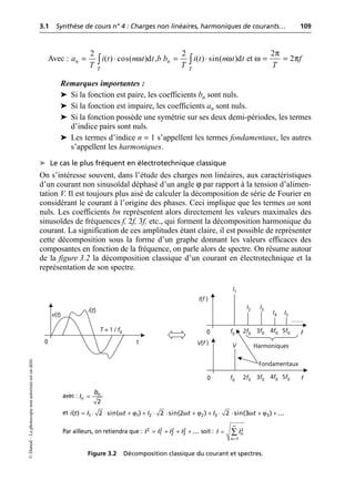 3.1 Synthèse de cours n° 4 : Charges non linéaires, harmoniques de courants… 109
©
Dunod
–
La
photocopie
non
autorisée
est
un
délit.
Avec : ,b et
Remarques importantes :
➤ Si la fonction est paire, les coefficients bn sont nuls.
➤ Si la fonction est impaire, les coefficients an sont nuls.
➤ Si la fonction possède une symétrie sur ses deux demi-périodes, les termes
d’indice pairs sont nuls.
➤ Les termes d’indice n = 1 s’appellent les termes fondamentaux, les autres
s’appellent les harmoniques.
➤ Le cas le plus fréquent en électrotechnique classique
On s’intéresse souvent, dans l’étude des charges non linéaires, aux caractéristiques
d’un courant non sinusoïdal déphasé d’un angle ϕ par rapport à la tension d’alimen-
tation V. Il est toujours plus aisé de calculer la décomposition de série de Fourier en
considérant le courant à l’origine des phases. Ceci implique que les termes an sont
nuls. Les coefficients bn représentent alors directement les valeurs maximales des
sinusoïdes de fréquences f, 2f, 3f, etc., qui forment la décomposition harmonique du
courant. La signification de ces amplitudes étant claire, il est possible de représenter
cette décomposition sous la forme d’un graphe donnant les valeurs efficaces des
composantes en fonction de la fréquence, on parle alors de spectre. On résume autour
de la figure 3.2 la décomposition classique d’un courant en électrotechnique et la
représentation de son spectre.
ω
2
( ) cos( )d
n
T
a i t n t t
T
= ◊
Ú ω
2
( ) sin( )d
n
T
b i t n t t
T
= ◊
Ú
π
ω π
2
2 f
T
= =
0 t
i(t)
0 f0 2f0 3f0 4f0 5f0
f0 2f0 3f0 4f0 5f0
f
f
I(f )
I1
I2 I3
I4 I5
……
T = 1 / f0
v(t)
0
V(f ) V
Fondamentaux
Harmoniques
Figure 3.2 Décomposition classique du courant et spectres.
avec :
et
Par ailleurs, on retiendra que : soit :
=
2
n
n
b
I
ω ϕ ω ϕ ω ϕ
= ◊ ◊ + + ◊ ◊ + + ◊ ◊ + +
1 1 2 2 3 3
( ) 2 sin( ) 2 sin(2 ) 2 sin(3 ) ...
i t I t I t I t
= + + +
2 2 2 2
1 2 3 ...
I I I I
•
=
= Â 2
1
n
n
I I
 