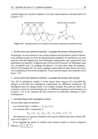 1.3 Synthèse de cours n° 2 : Systèmes triphasés 21
©
Dunod
–
La
photocopie
non
autorisée
est
un
délit.
caractéristique des systèmes triphasés. Ces deux représentations sont présentées sur
la figure 1.25.
➤ Construction des systèmes triphasés : couplage des phases côté générateur
En pratique, les trois tensions d’un système triphasé sont produites à partir d’alterna-
teurs triphasés ou pris en sortie de transformateurs triphasés. Concrètement, ces trois
tensions sont développées par trois bobinages indépendants (qui représentent trois
générateurs de tensions). Il apparaît alors la nécessité d’associer ces bobinages entre
eux, on appelle cela « le couplage des phases ». Il existe deux types de couplage :
étoile (Y) et triangle (∆). Ces deux couplages représentent les deux façons de conce-
voir un générateur de tensions triphasées. Leurs caractéristiques sont résumées sur la
figure 1.26.
➤ Construction des systèmes triphasés : couplage des phases côté charges
Une fois le générateur couplé, il existe encore deux moyens d’y raccorder des
charges (c’est-à-dire des impédances représentant les différents récepteurs). On
distinguera ainsi les charges étoile et les charges triangle. Pour plus de clarté et de
concision, toutes les caractéristiques de ces différents montages sont résumées sur
la figure 1.26. Il est impératif de bien maîtriser ces différents câblages et leurs
conséquences.
➤ Caractéristiques des couplages en étoile
Il existe deux types de tensions :
– Les tensions dites « simples » : , et
– Les tensions dites « composées » :
, et
On représente ces tensions complexes ainsi que la relation liant leurs valeurs effi-
caces sur la figure 1.27.
Il est impératif de retenir la relation entre tension simple et tension composée
efficaces :
V1
V2
V3
θ = ωt
0 2π / 3 4π / 3
v1(t) v2(t) v3(t)
Représentation temporelle Représentation complexe
2π 120˚
120˚
Figure 1.25 Représentations d’un système de tensions triphasées équilibrées direct.
1
V 2
V 3
V
12 1 2
U V V
= - 23 2 3
U V V
= - 31 3 1
U V V
= -
3
U V
= ◊
 