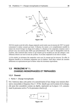 1.5 Problème n° 1 : Charges monophasées et triphasées 39
©
Dunod
–
La
photocopie
non
autorisée
est
un
délit.
10) Si le neutre avait été relié, chaque ampoule serait restée sous la tension de 230 V et aurait
consommé le même courant qu’avant. L’absence du neutre a ici complètement modifié la
nature du circuit lorsque la charge de la phase 3 a disparu et les ampoules restantes sont à
présent sous une tension plus faible que précédemment. Mis à part le déséquilibre total du
système, elles éclairent donc moins ce qui montre qu’un incident sur une des charges a une
influence directe sur tout le reste du système. Il est donc impératif ici de relier le neutre.
11) En réalité, la résistance des ampoules varie avec le courant qui les traverse. En effet, le
filament chauffe et sa résistance augmente avec la chaleur. Ainsi deux valeurs de courants
différentes ne représenteront pas la même valeur de résistance équivalente.
1.5 PROBLÈME N° 1 :
CHARGES MONOPHASÉES ET TRIPHASÉES
1.5.1 Énoncé
➤ Partie 1 : Charge monophasée
On s’intéresse dans cette partie à la caractérisation d’une charge sous tension alter-
native sinusoïdale à fréquence fixe f = 50 Hz. Quelle que soit la nature de la charge,
elle peut être considérée comme un dipôle, représenté sur la figure 1.41, consom-
mant la puissance active P et la puissance réactive Q.
3,78 A
230 V
3,78 A
V1 – V2
400 V
Va1 = R · I1
Va2 = R · I2
200 V
200 V
I2
I1
V3 V2
V1
Figure 1.40
P , Q
I
V
Figure 1.41
 