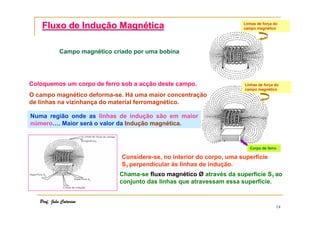 14
Fluxo de InduFluxo de Induçção Magnão Magnééticatica
Prof. João Catarino
Linhas de força do
campo magnético
Campo magnético criado por uma bobina
Linhas de força do
campo magnético
Corpo de ferro
Coloquemos um corpo de ferro sob a acção deste campo.
O campo magnético deforma-se. Há uma maior concentração
de linhas na vizinhança do material ferromagnético.
Numa região onde as linhas de indução são em maior
número…. Maior será o valor da Indução magnética.
Considere-se, no interior do corpo, uma superfície
S1 perpendicular às linhas de indução.
Chama-se fluxo magnético Ø através da superfície S1 ao
conjunto das linhas que atravessam essa superfície.
 