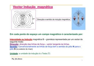 7
Vector InduVector Induçção magnão magnééticatica
Direcção e sentido da indução magnética
Em cada ponto do espaço um campo magnético é caracterizado por:
Intensidade ou InduIntensidade ou Induççãoão magnética B – grandeza representada por um vector do
seguinte modo:
Direcção: direcção das linhas de força – vector tangente às linhas.
SentidoSentido:: Convencionalmente as linhas de força tem o sentido do pólo N para o
pólo S (no exterior do íman)
UnidadeUnidade:: a unidade da indução é o Tesla (T)
Prof. João Catarino
 