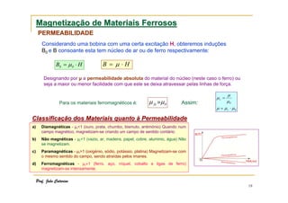 Magnetização de Materiais Ferrosos
PERMEABILIDADE
Considerando uma bobina com uma certa excitação H, obteremos induções
B0 e B consoante esta tem núcleo de ar ou de ferro respectivamente:

B0 = µ 0 ⋅ H

B = µ ⋅H

Designando por µ a permeabilidade absoluta do material do núcleo (neste caso o ferro) ou
seja a maior ou menor facilidade com que este se deixa atravessar pelas linhas de força.

Para os materiais ferromagnéticos é:

µ fe »µ 0

Assim:

µ
µ0
µ = µ r ⋅ µ0
µr =

Classificação dos Materiais quanto à Permeabilidade
a)

Diamagnéticas - µr<1 (ouro, prata, chumbo, bismuto, antimónio) Quando num
campo magnético, magnetizam-se criando um campo de sentido contário.

b)

Não magnéticas - µr=1 (vazio, ar, madeira, papel, cobre, aluminio, água) Não
se magnetizam.

c)

Paramagnéticas - µr>1 (oxigénio, sódio, potássio, platina) Magnetizam-se com
o mesmo sentido do campo, sendo atraídas pelos imanes.

d)

Ferromagnéticas - µr»1 (ferro, aço, níquel, cobalto e ligas de ferro)
magnetizam-se intensamente.

Prof. João Catarino

18

 