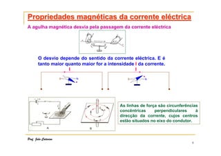 Propriedades magnéticas da corrente eléctrica
A agulha magnética desvia pela passagem da corrente eléctrica

O desvio depende do sentido da corrente eléctrica. E é
tanto maior quanto maior for a intensidade I da corrente.
I
I
S

N

S

N

As linhas de força são circunferências
concêntricas
perpendiculares
à
direcção da corrente, cujos centros
estão situados no eixo do condutor.

Prof. João Catarino

8

 