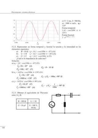 Circuitos eléctricos
-1.5
-1
-0.5
0
0.5
1
1.5
-0.002 -0.001 0 0.001 0.002
t (s)
E
+
L
R
B
A
C
c) T= 2 ms, f= 500 Hz,
�= 1000 � rad/s, 0=
135º
Forma temporal:
1,41 cos(1000  t+
135º)
Forma fasorial:
1  ej(1000  t + 135º)
5.2.2. Representar en forma temporal y fasorial la tensión y la intensidad en los
elementos siguientes:
a) R= 10 � iR= 14,1  cos(100 t - 45º) (A)
b) L= 1 H iL= 14,1  cos(100 t + 30º) (A)
c) C= 1 F uC= 14,1  cos(100 t) (V)
¿Cual es la impedancia de cada uno?
Solución:
a) uR= 141  cos(100 t - 45º) (V)
b) uL= 1410  cos(100 t+120º) (V)
c) iC= 1410  cos(100 t+90º) (A)
5.2.3. Obtener el equivalente de Thévenin
entre A y B.
R= 100 � L= 1 H
C= 10 �F E= 100 V,
50 Hz
© Saturnino Catalán Izquierdo. UPV -99-
Electrotecnia: circuitos eléctricos
104
 