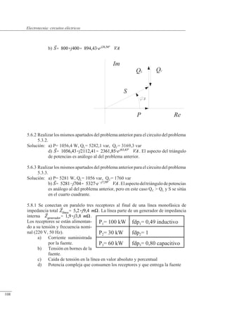 Circuitos eléctricos
Im
Z
P Re
QL
S
Qc
b)
5.6.2 Realizar los mismos apartados del problema anterior para el circuito del problema
5.3.2.
Solución: a) P= 1056,4 W, QL= 5282,1 var, QC= 3169,3 var
d) . El aspecto del triángulo
de potencias es análogo al del problema anterior.
5.6.3 Realizar los mismos apartados del problema anterior para el circuito del problema
5.3.3.
Solución: a) P= 5281 W, QL= 1056 var, QC= 1760 var
b) .Elaspectodeltriángulodepotencias
es análogo al del problema anterior, pero en este caso QC  QL y S se sitúa
en el cuarto cuadrante.
5.8.1 Se conectan en paralelo tres receptores al final de una línea monofásica de
impedancia total . La línea parte de un generador de impedancia
interna .
Los receptores se están alimentan-
do a su tensión y frecuencia nomi-
nal (220 V, 50 Hz).
a) Corriente suministrada
por la fuente.
b) Tensión en bornes de la
fuente.
c) Caída de tensión en la línea en valor absoluto y porcentual
d) Potencia compleja que consumen los receptores y que entrega la fuente
P1= 100 kW fdp1= 0,49 inductivo
P2= 30 kW fdp2= 1
P3= 60 kW fdp3= 0,80 capacitivo
© Saturnino Catalán Izquierdo. UPV -103-
Electrotecnia: circuitos eléctricos
108
 