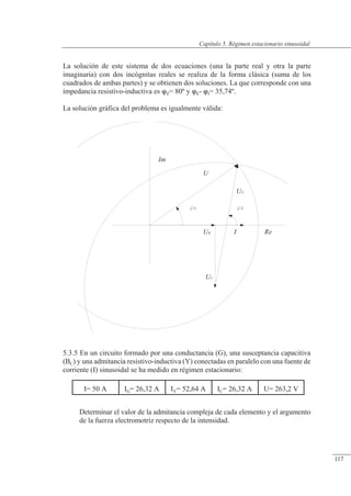 Régimen estacionario sinusoidal
Im
Z
UZ
UC
UR I
U
U
Re
La solución de este sistema de dos ecuaciones (una la parte real y otra la parte
imaginaria) con dos incógnitas reales se realiza de la forma clásica (suma de los
cuadrados de ambas partes) y se obtienen dos soluciones. La que corresponde con una
impedancia resistivo-inductiva es Z= 80º y E- I= 35,74º.
La solución gráfica del problema es igualmente válida:
5.3.5 En un circuito formado por una conductancia (G), una susceptancia capacitiva
(BC) y una admitancia resistivo-inductiva (Y) conectadas en paralelo con una fuente de
corriente (I) sinusoidal se ha medido en régimen estacionario:
Determinar el valor de la admitancia compleja de cada elemento y el argumento
de la fuerza electromotriz respecto de la intensidad.
I= 50 A IG= 26,32 A IY= 52,64 A IC= 26,32 A U= 263,2 V
© Saturnino Catalán Izquierdo. UPV -112-
Capítulo 5. Régimen estacionario sinusoidal
117
 