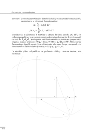 Circuitos eléctricos
I
Im
I
IY
UR
IG
Y
Re
IC
Solución: Como el comportamiento de la resistencia y el condensador son conocidos,
su admitancia se obtiene de forma inmediata:
El módulo de la admitancia Y también se obtiene de forma sencilla (0,2 �-1
), sin
embargo para obtener su argumento es necesario resolver la ecuación de corrientes del
circuito: . Sustituyendolosvaloresconocidos,tomandoporejemplocomo
origen de ángulos la tensión: . Al resolver de
forma análoga al problema anterior se obtienen dos soluciones. La que corresponde con
una admitancia resistivo-inductiva es Y= -70º y E- I= 27,57º.
La solución gráfica del problema es igualmente válida y, como es habitual, más
ilustrativa:
© Saturnino Catalán Izquierdo. UPV -113-
Electrotecnia: circuitos eléctricos
118
 