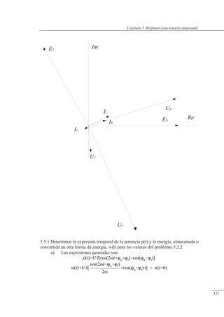 Régimen estacionario sinusoidal
UC
UZ
IZ
ER
IR
IC
UR
Re
ET
Im
5.5.1 Determinar la expresión temporal de la potencia p(t) y la energía, almacenada o
convertida en otra forma de energía, w(t) para los valores del problema 5.2.2
a) Las expresiones generales son:
© Saturnino Catalán Izquierdo. UPV -116-
Capítulo 5. Régimen estacionario sinusoidal
121
 