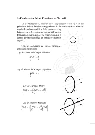 Conceptos básicos
1.- Fundamentos físicos: Ecuaciones de Maxwell
La electrotecnia es, básicamente, la aplicación tecnológica de los
principios físicos del electromagnetismo. En las ecuaciones de Maxwell
reside el fundamento físico de la electrotecnia y
la importancia de estas ecuaciones reside en que
forman un sistema que define completamente el
campo electromagnético en cualquier lugar del
espacio.
Con los convenios de signos habituales
estas ecuaciones son:
© Saturnino Catalán Izquierdo. UPV -2-
3
 