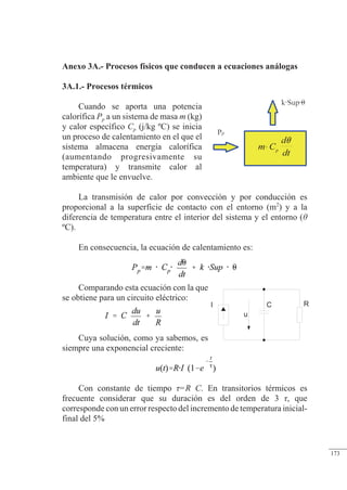 Anexos
I R
C
u
m C
d
dt
p
⋅
θ
Anexo 3A.- Procesos físicos que conducen a ecuaciones análogas
3A.1.- Procesos térmicos
Cuando se aporta una potencia
calorífica Pp a un sistema de masa m (kg)
y calor específico Cp (j/kg ºC) se inicia
un proceso de calentamiento en el que el
sistema almacena energía calorífica
(aumentando progresivamente su
temperatura) y transmite calor al
ambiente que le envuelve.
La transmisión de calor por convección y por conducción es
proporcional a la superficie de contacto con el entorno (m2
) y a la
diferencia de temperatura entre el interior del sistema y el entorno (
ºC).
En consecuencia, la ecuación de calentamiento es:
Comparando esta ecuación con la que
se obtiene para un circuito eléctrico:
Cuya solución, como ya sabemos, es
siempre una exponencial creciente:
Con constante de tiempo =R C. En transitorios térmicos es
frecuente considerar que su duración es del orden de 3 , que
corresponde con un error respecto del incremento de temperatura inicial-
final del 5%
© 2013 Saturnino Catalán Izquierdo -166-
173
 