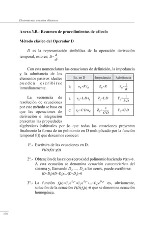 Circuitos eléctricos
Anexo 3.B.- Resumen de procedimientos de cálculo
Método clásico del Operador D
D es la representación simbólica de la operación derivación
temporal, esto es:
Con esta nomenclatura las ecuaciones de definición, la impedancia
y la admitancia de los
elementos pasivos ideales
p u e d e n e s c r i b i r s e
inmediatamente.
La secuencia de
resolución de ecuaciones
por este método se basa en
que las operaciones de
derivación e integración
presentan las propiedades
algebraicas habituales por lo que todas las ecuaciones presentan
finalmente la forma de un polinomio en D multiplicado por la función
temporal f(t) que deseamos conocer:
1º.- Escritura de las ecuaciones en D.
2º.- Obtención de las raíces (ceros) del polinomio haciendo .
A esta ecuación se denomina ecuación característica del
sistema y, llamando D1, ..., Dn a los ceros, puede escribirse:
3º.- La función es, obviamente,
solución de la ecuación que se denomina ecuación
homogénea.
Ec. en D Impedancia Admitancia
R
L
C
© 2013 Saturnino Catalán Izquierdo -171-
Electrotecnia: circuitos eléctricos
178
 