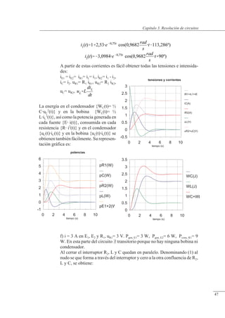 Resolución de circuitos
0
0.5
1
1.5
2
2.5
3
3.5
0 2 4 6 8 10
tiempo (s)
WC(J)
WL(J)
WC+WL
energías
-0.5
0
0.5
1
1.5
2
2.5
3
0 2 4 6 8 10
tiempo (s)
iR1=iL1=iE(
iC(A)
iR2(A)
uL(V)
uR2=uC(V)
tensiones y corrientes
-1
0
1
2
3
4
5
6
0 2 4 6 8 10
tiempo (s)
pR1(W)
pC(W)
pR2(W)
pL(W)
pE1+2(W
potencias
A partir de estas corrientes es fácil obtener todas las tensiones e intensida-
des:
iE1 = iE2= iR1= iL= i1, iR2= i1 - i2,
iC= i2. uR1= R1 iR1, uR2= R2 iR2,
uC= uR2,
La energía en el condensador {WC(t)= ½
CuC
2
(t)} y en la bobina {WL(t)= ½
LiL
2
(t)}, así como la potencia generada en
cada fuente {E i(t)}, consumida en cada
resistencia {R i2
(t)} y en el condensador
{uC(t)iC(t)} y en la bobina {uL(t)iL(t)} se
obtienen también fácilmente. Su represen-
tación gráfica es:
f) i = 3 A en E1, E2 y R1, uR1= 3 V. Pgen, E1= 3 W, Pgen, E2= 6 W, Pcons, R1= 9
W. En esta parte del circuito  transitorio porque no hay ninguna bobina ni
condensador.
Al cerrar el interruptor R2, L y C quedan en paralelo. Denominando (1) al
nudo se que forma a través del interruptor y cero a la otra confluencia de R2,
L y C, se obtiene:
© Saturnino Catalán Izquierdo. UPV -44-
Capítulo 3. Resolución de circuitos
47
 
