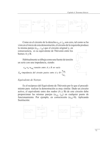 Teoremas básicos
Como en el circuito de la derecha uAB e iAB son cero, tal como se ha
visto en el inicio de esta demostración, el circuito de la izquierda produce
la misma pareja (uAB , iAB) que el circuito original y, en
consecuencia, es su equivalente de Thévenin entre los
bornes A y B.
Habitualmentesedibujacomounafuentedetensión
en serie con una impedancia, siendo:
Equivalente de Norton:
Es el recíproco del Equivalente de Thévenin por lo que el procedi-
miento para realizar la demostración es muy similar. Dado un circuito
activo, el equivalente entre dos nudos (A y B) de este circuito debe
proporcionar las mismas parejas (uAB, iAB) en cualquier punto de
funcionamiento. Por ejemplo, en cortocircuito (uAB=0). Aplicando
Sustitución:
© Saturnino Catalán Izquierdo. UPV -68-
Capítulo 4. Teoremas básicos
73
 