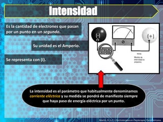 Intensidad
Martín, R. (s.f.). Electroterapia en Fisioterapia. Panamericana.
Es la cantidad de electrones que pasan
por un punto en un segundo.
Su unidad es el Amperio.
Se representa con (I).
La intensidad es el parámetro que habitualmente denominamos
corriente eléctrica y su medida se pondrá de manifiesto siempre
que haya paso de energía eléctrica por un punto.
 