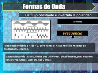 Formas de Onda
Martín, R. (s.f.). Electroterapia en Fisioterapia. Panamericana.
De flujo constante e invertida la polaridad
Alternas
Puede oscilar desde 1 Hz (o < 1, pero nunca 0) hasta miles de millones de
oscilaciones/segundo.
Frecuencia
Dependiendo de las frecuencias que utilicemos, obtendremos, para nuestros
fines terapéuticos, unos efectos u otros.
 