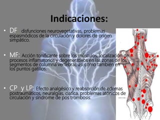 Indicaciones:
• DF: disfunciones neurovegetativas, problemas
espasmódicos de la circulación y dolores de origen
simpático.
• MF: Acción tonificante sobre los músculos, localización de
procesos inflamatorios y degenerativos en las zonas de los
segmentos de columna vertebral, así como también en
los puntos gatillos.
• CP y LP: Efecto analgésico y reabsorción de edemas
postraumáticos, neuralgias, ciática, problemas atónicos de
circulación y síndrome de pos trombosis.
 