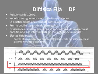 Difásica Fija DF
• Frecuencia de 100 Hz
• Impulsos se sigue unos a otros sin interrupciones .
Es prácticamente una corriente continua pulsante
• Prurito débil o sensación de hormigueo
• Fibrilaciones rápidas y pequeñas vibraciones que desaparecen al
poco tiempo si la intensidad de la corriente no se aumenta
• Efectos Fisiológicos :
Fuerte efecto analgésico y espasmolítico de corta duración afecta al
sistema nervioso autónomo
 