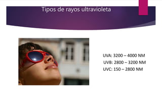 Tipos de rayos ultravioleta
UVA: 3200 – 4000 NM
UVB: 2800 – 3200 NM
UVC: 150 – 2800 NM
 