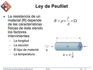 © 2007 Microchip Technology Incorporated. All Rights Reserved. 306 ASC Slide 115
Ley de Peulliet
 La resistencia de un
material [R] depende
de las características
físicas de éste siendo
los factores
intervinientes:
– La longitud
– La sección
– El tipo de material
– La temperatura




A
l
R 
 