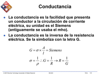 © 2007 Microchip Technology Incorporated. All Rights Reserved. 306 ASC Slide 120
Conductancia
 La conductancia es la facilidad que presenta
un conductor a la circulación de corriente
eléctrica, su unidad es el Siemens
(antiguamente se usaba el mho).
 La conductancia es la inversa de la resistencia
eléctrica. Se la simboliza con la letra G.
G
R
R
G
Siemens
l
A
G
1
1
1











 